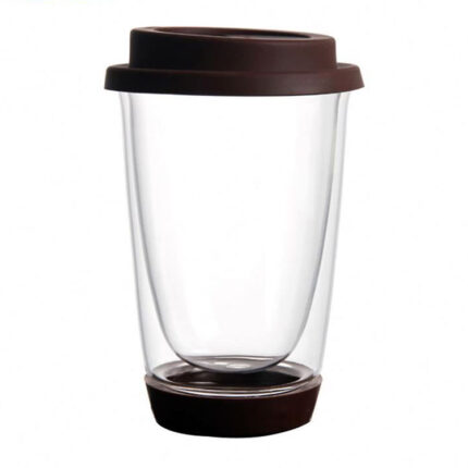 Double Wall Heat Resistant Borosilicate Glass Coffee Mug with Silicone Lid 400ml